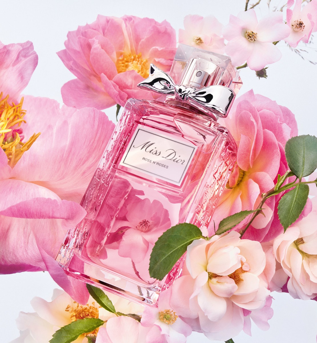 Miss Dior Rose N'Roses parmi des fleurs roses