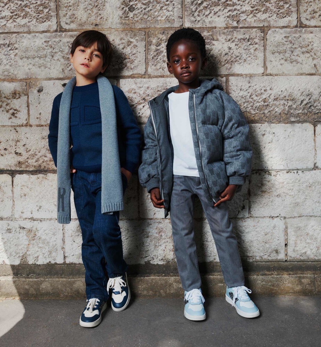 Doudoune à capuche enfant Flanelle de laine gris chiné à motif "DIOR" ivoire