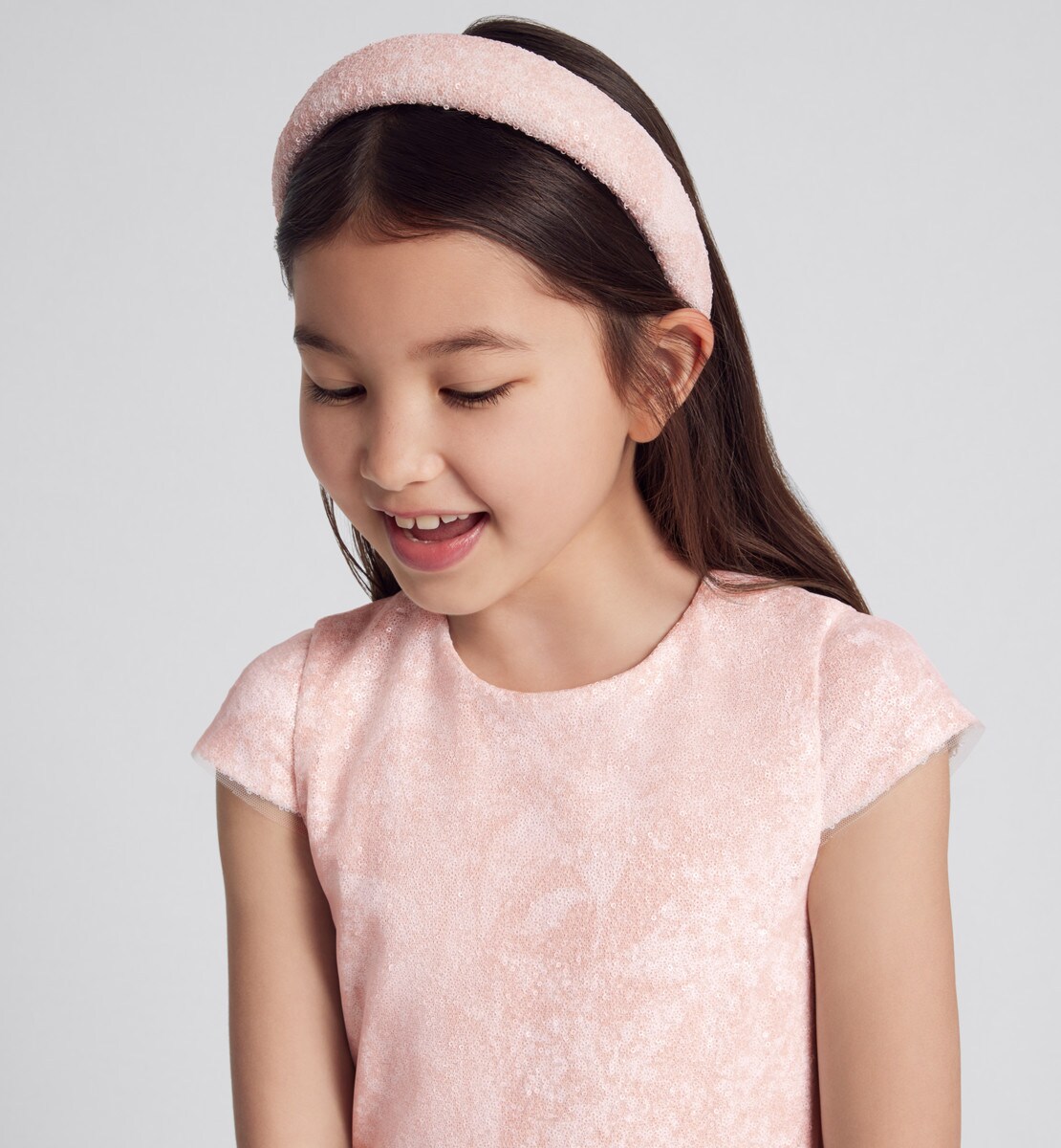 Serre-tête enfant Tulle brodé de sequins imprimé Muguet rose et ivoire