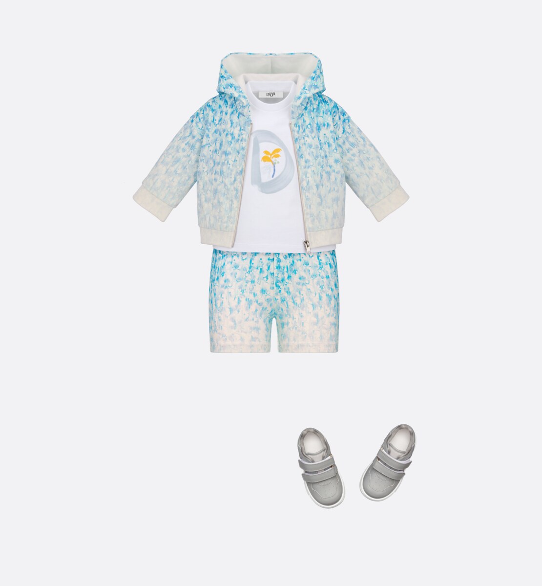 Sweatshirt à capuche bébé Molleton de coton imprimé dip-dye Dior Oblique bleu clair et ivoire