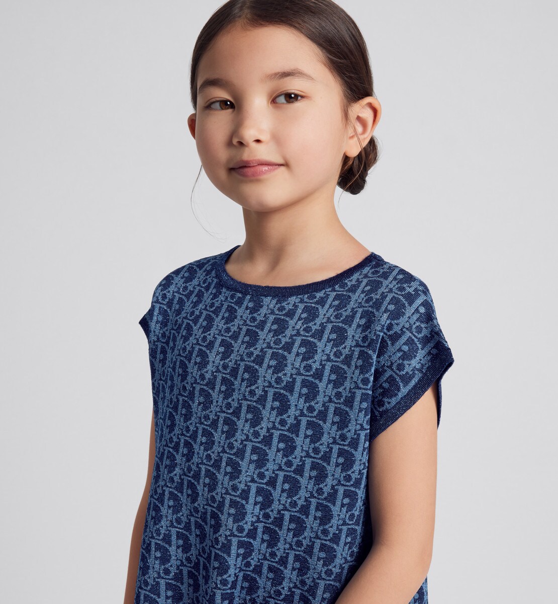 Robe trapèze enfant Maille mélangée jacquard Dior Oblique bleu clair et bleu avec fils métallisés