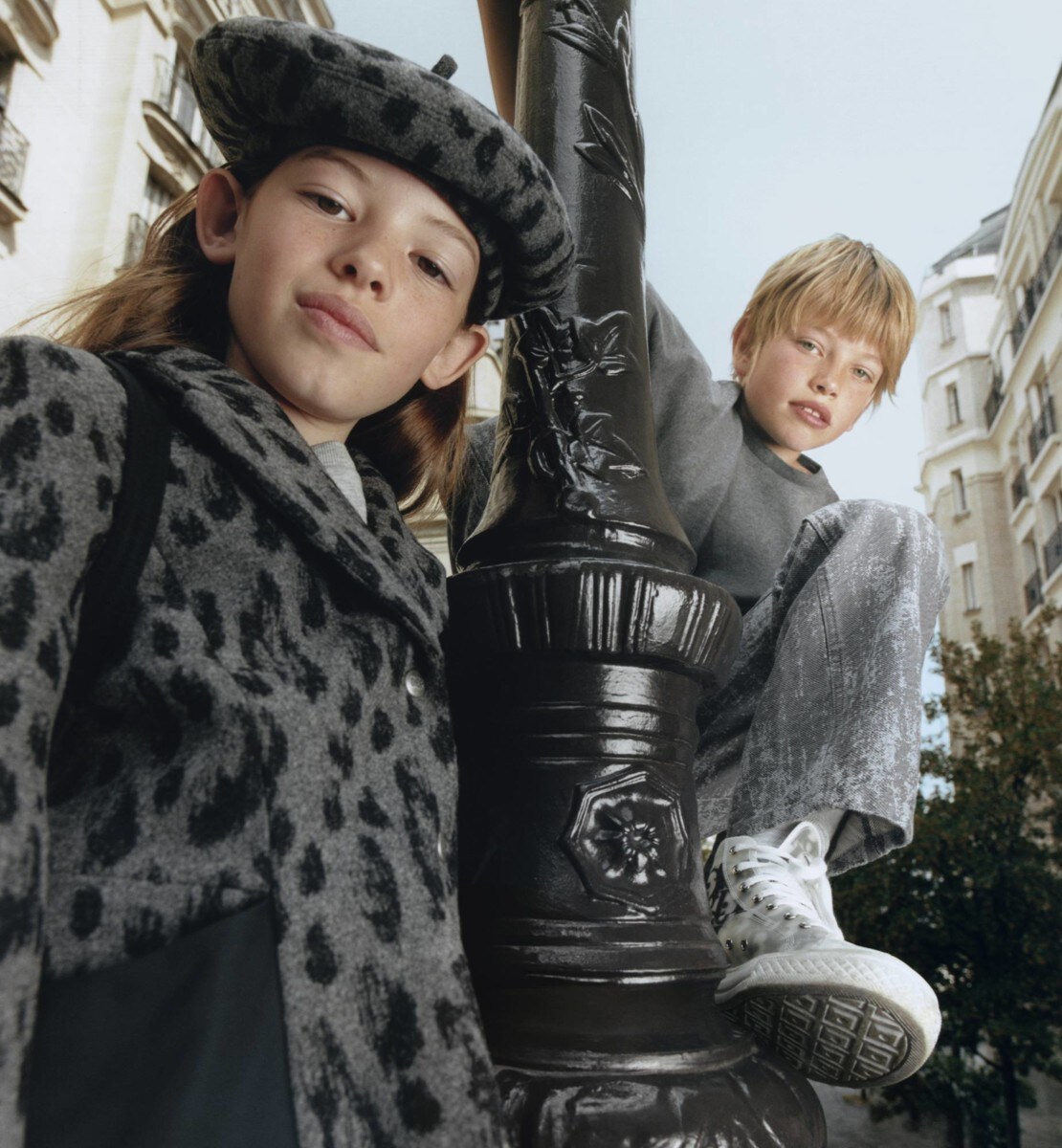 Veste Bar enfant Drap de laine mélangée imprimé léopard gris et noir et toile technique déperlante noire