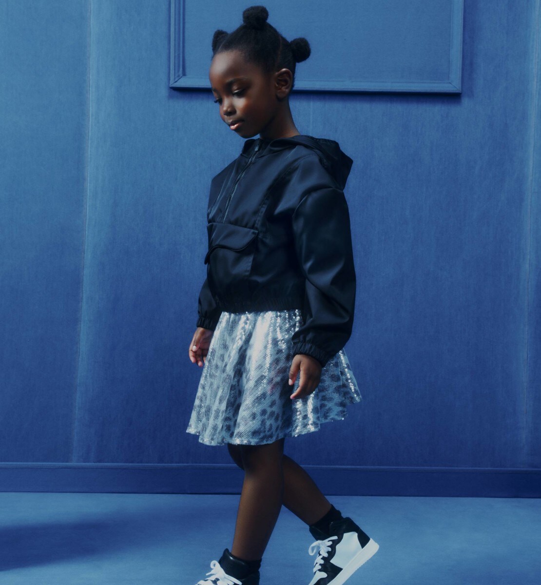 Jupe courte enfant Tulle brodé de sequins imprimé léopard gris et noir