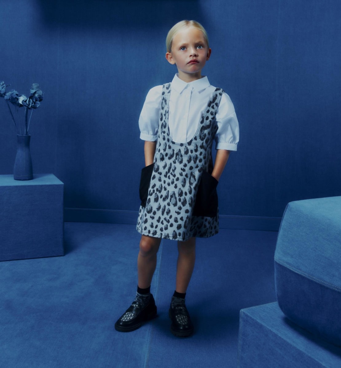 Robe enfant Gabardine de coton imprimé léopard gris et noir et toile technique déperlante noire