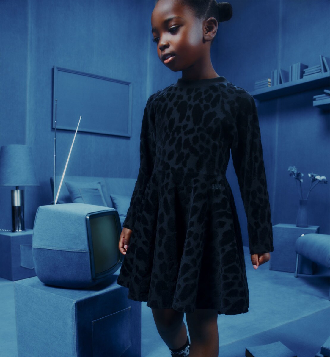 Robe évasée enfant Jersey jacquard velours à motif léopard noir