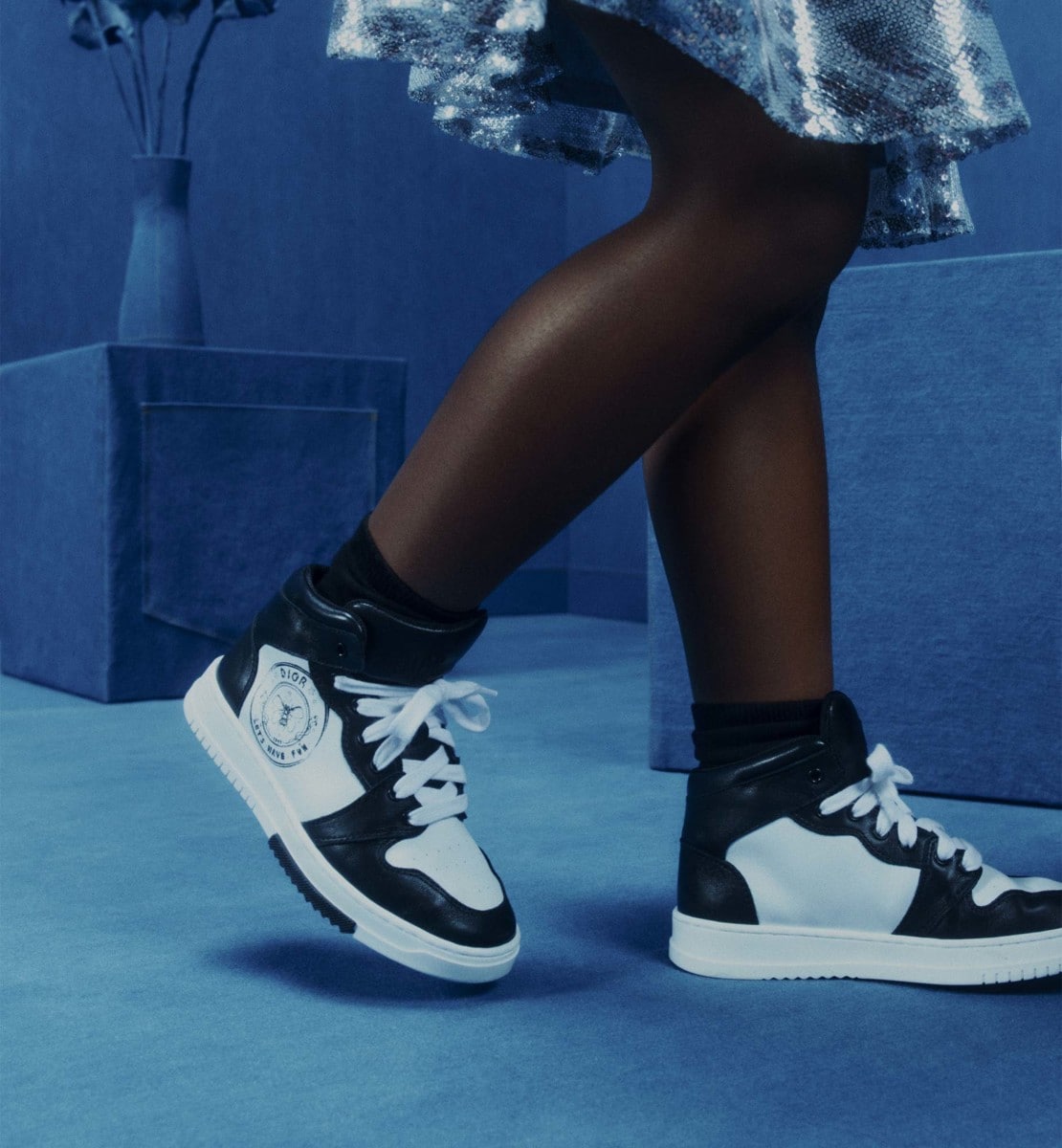 Sneaker haute enfant Cuir de veau lisse blanc et noir