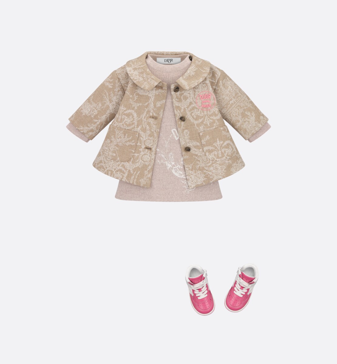 Manteau bébé Drap de laine beige imprimé Toile de Jouy blanc