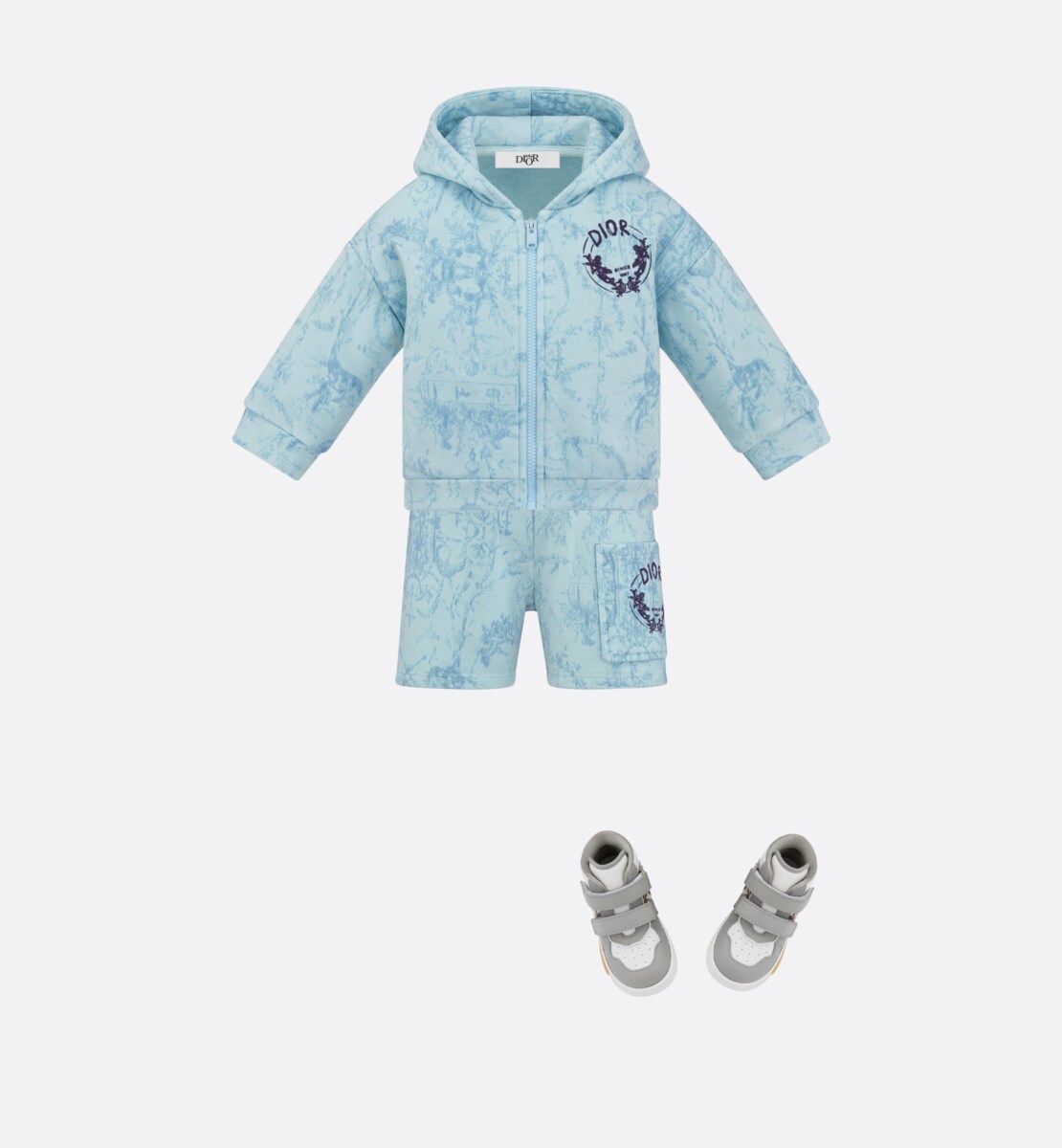 Sweatshirt zippé à capuche bébé Molleton de coton imprimé Toile de Jouy délavé bleu clair