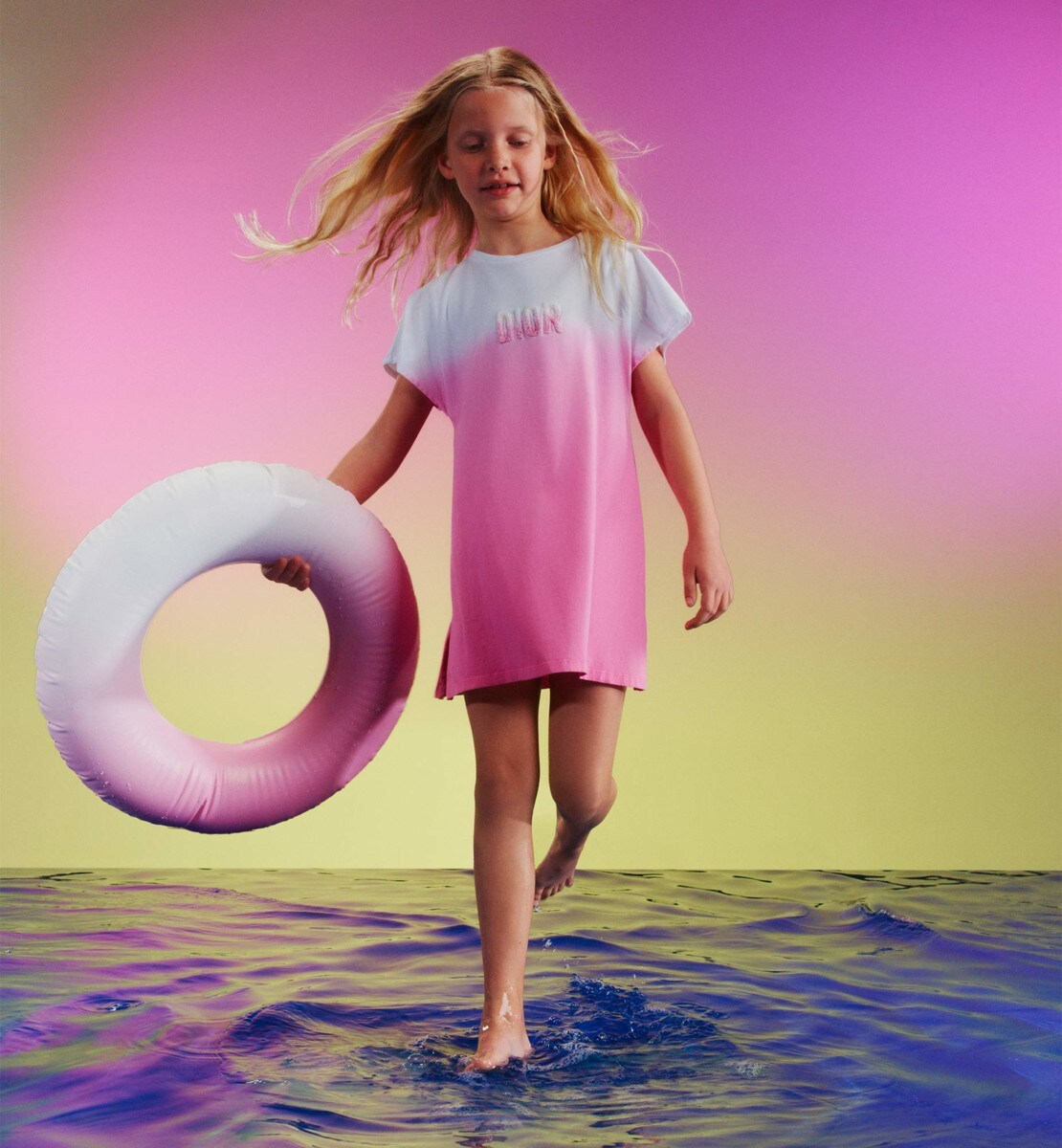 Robe droite enfant Jersey de coton imprimé dip-dye ivoire et rose pop