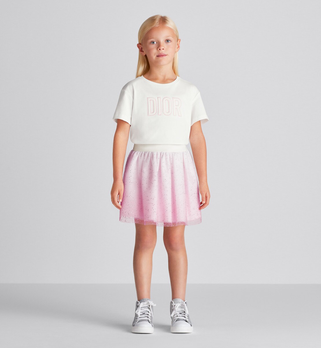 Jupe courte enfant Tulle floqué pailleté ivoire et rose vif