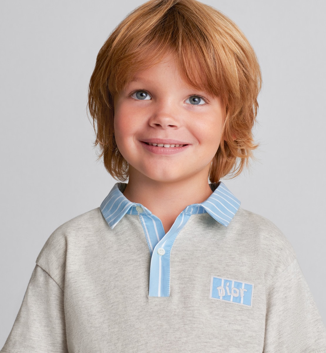 Polo enfant Jersey de coton gris chiné et popeline de coton blanc à rayures bleu ciel