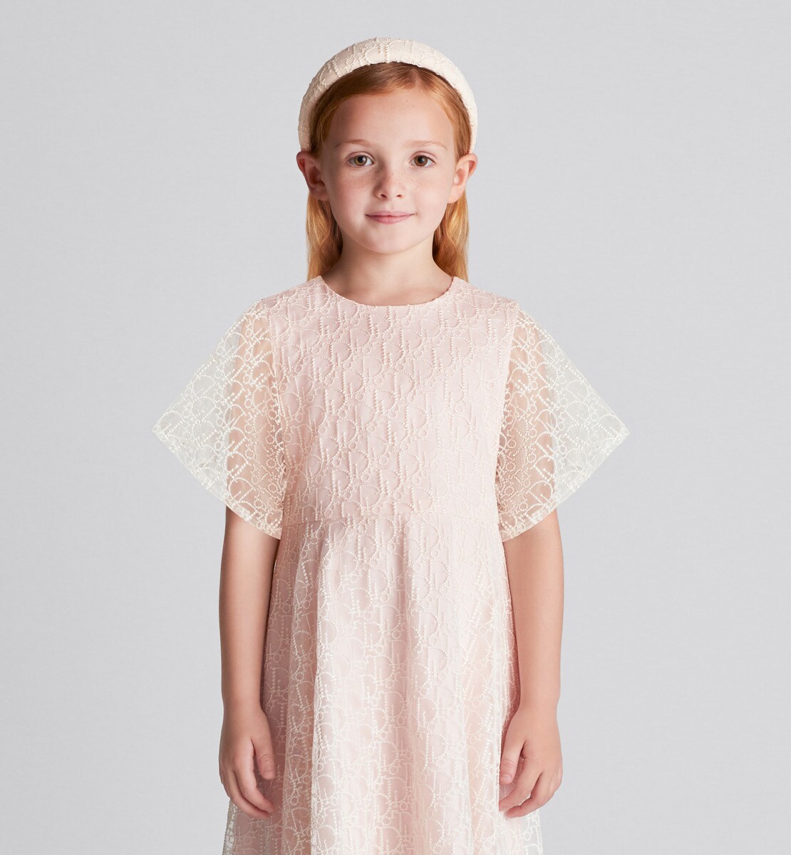 Robe évasée enfant Tulle brodé Dior Oblique perles ivoire et rose pâle