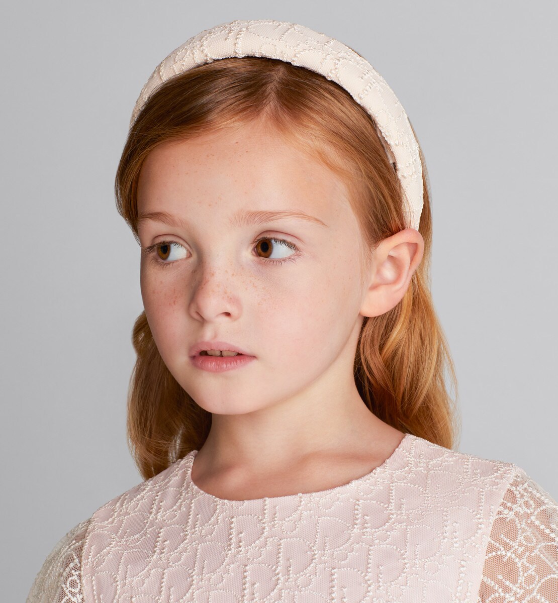 Serre-tête enfant Tulle brodé Dior Oblique perles ivoire et rose pâle