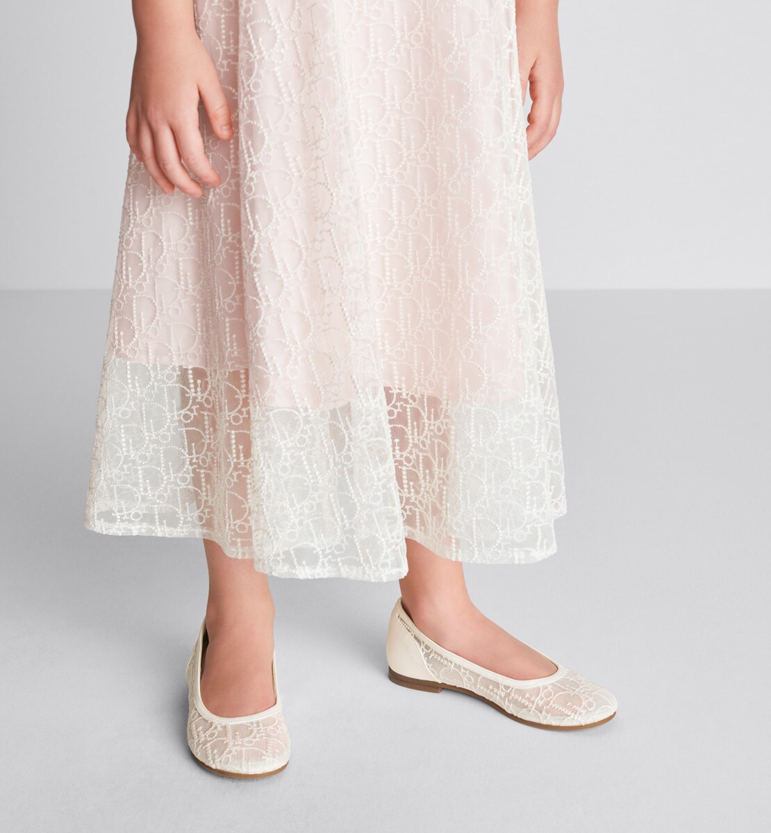 Ballerines enfant Tulle brodé Dior Oblique perles et cuir de veau ivoire