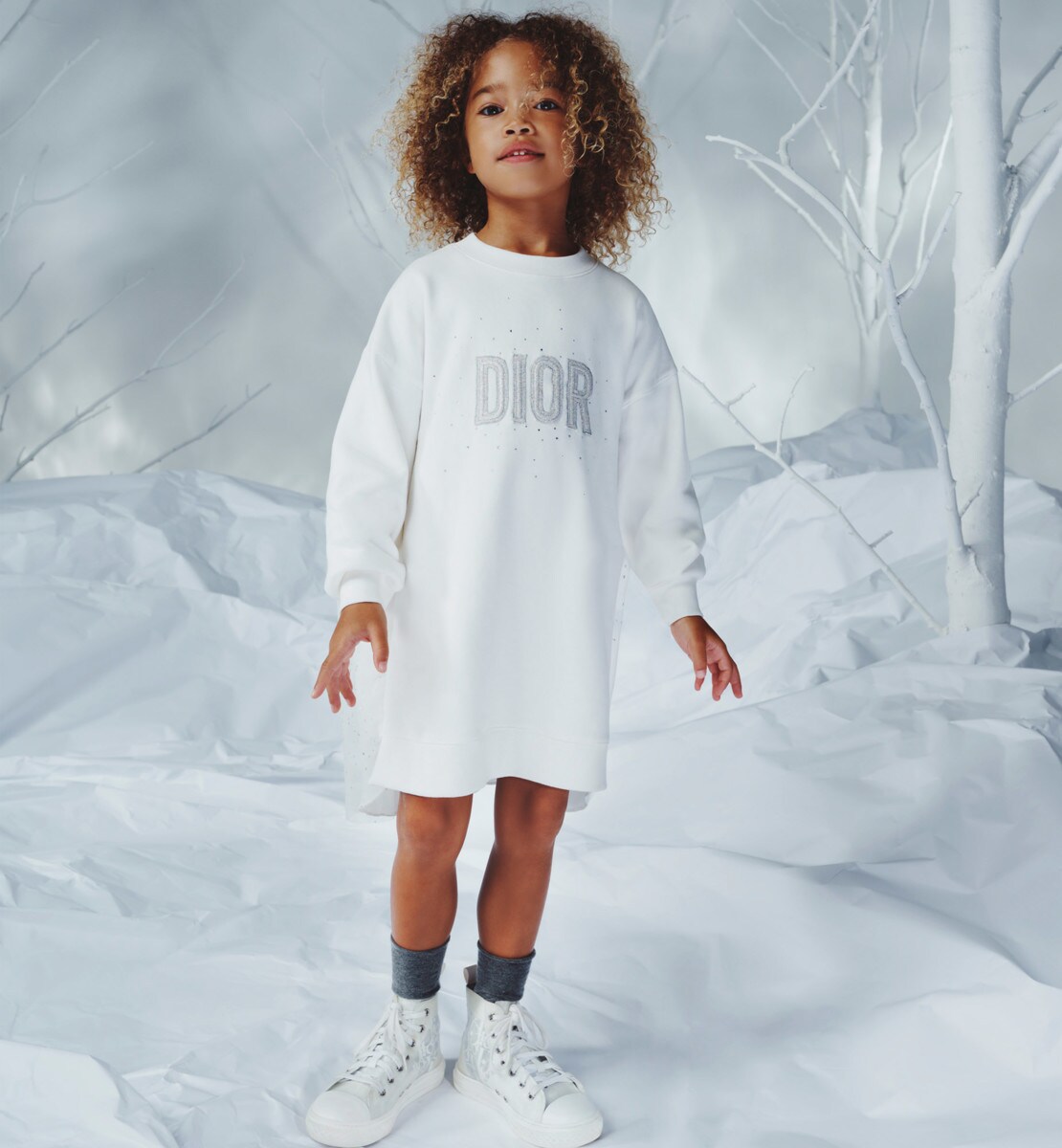 Robe droite enfant Molleton de coton et tulle pailleté ivoire