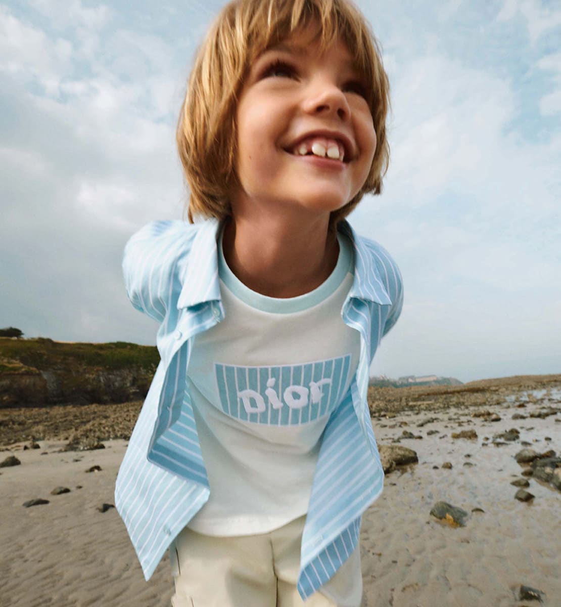 T-shirt à manches longues enfant Jersey de coton ivoire et bleu ciel