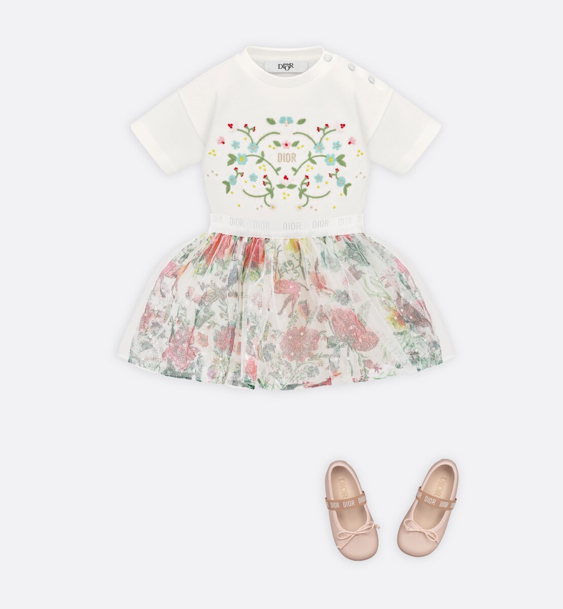 Jupe courte bébé Tulle ivoire imprimé motif floral multicolore brodé de sequins
