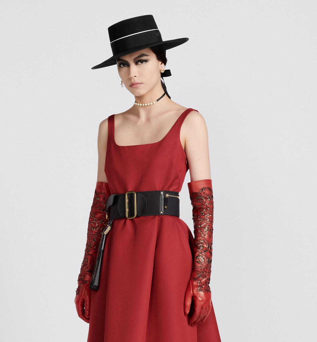 Robe mi-longue ceinturée Shantung de laine et soie rouge Scarlet