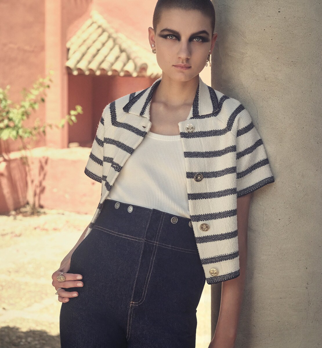 Veste à manches courtes Dior Marinière Maille de coton et laine techniques à motif D-Stripes bleu marine et écrus
