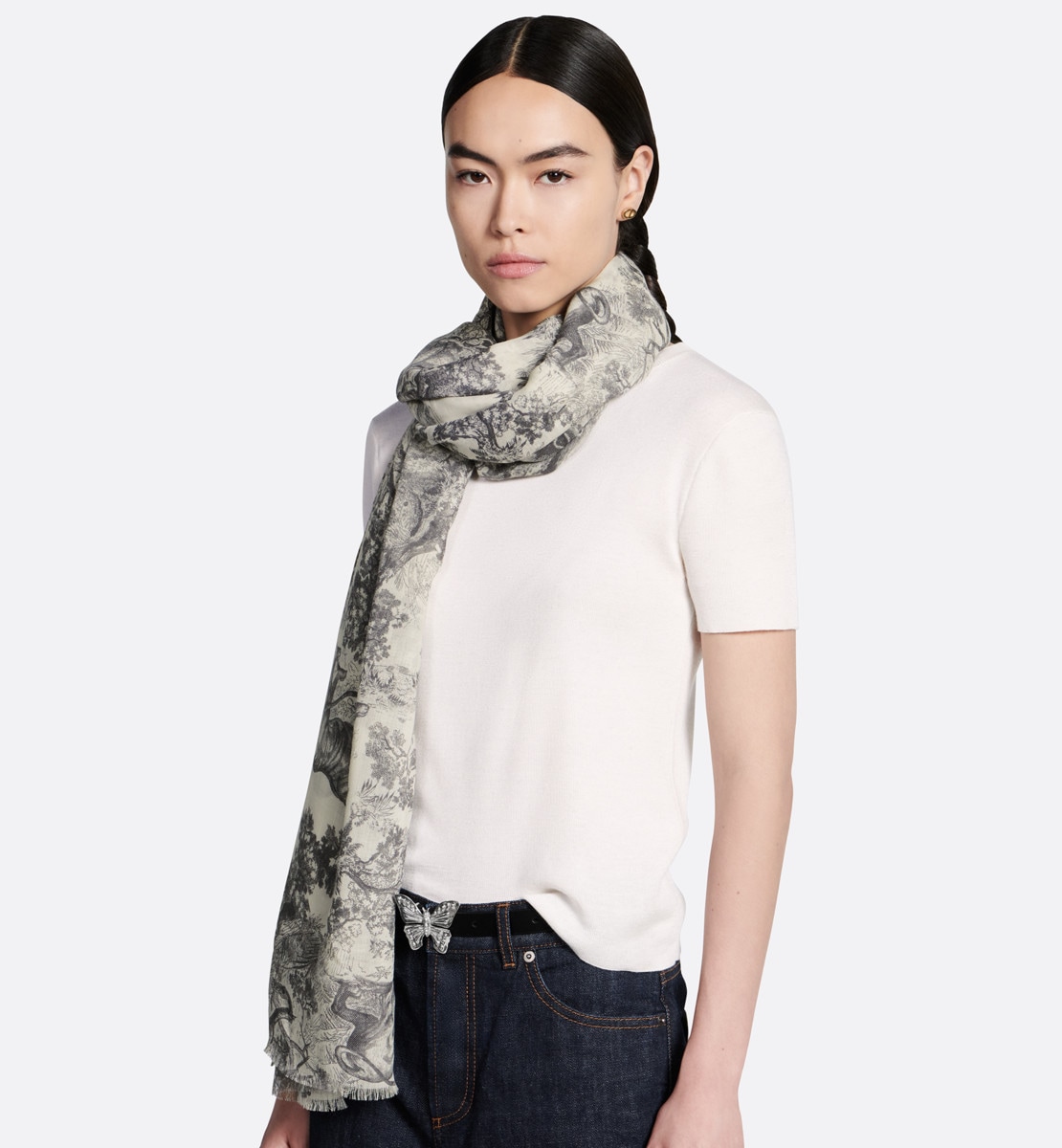 Étole Toile de Jouy Sauvage Cachemire ivoire et gris
