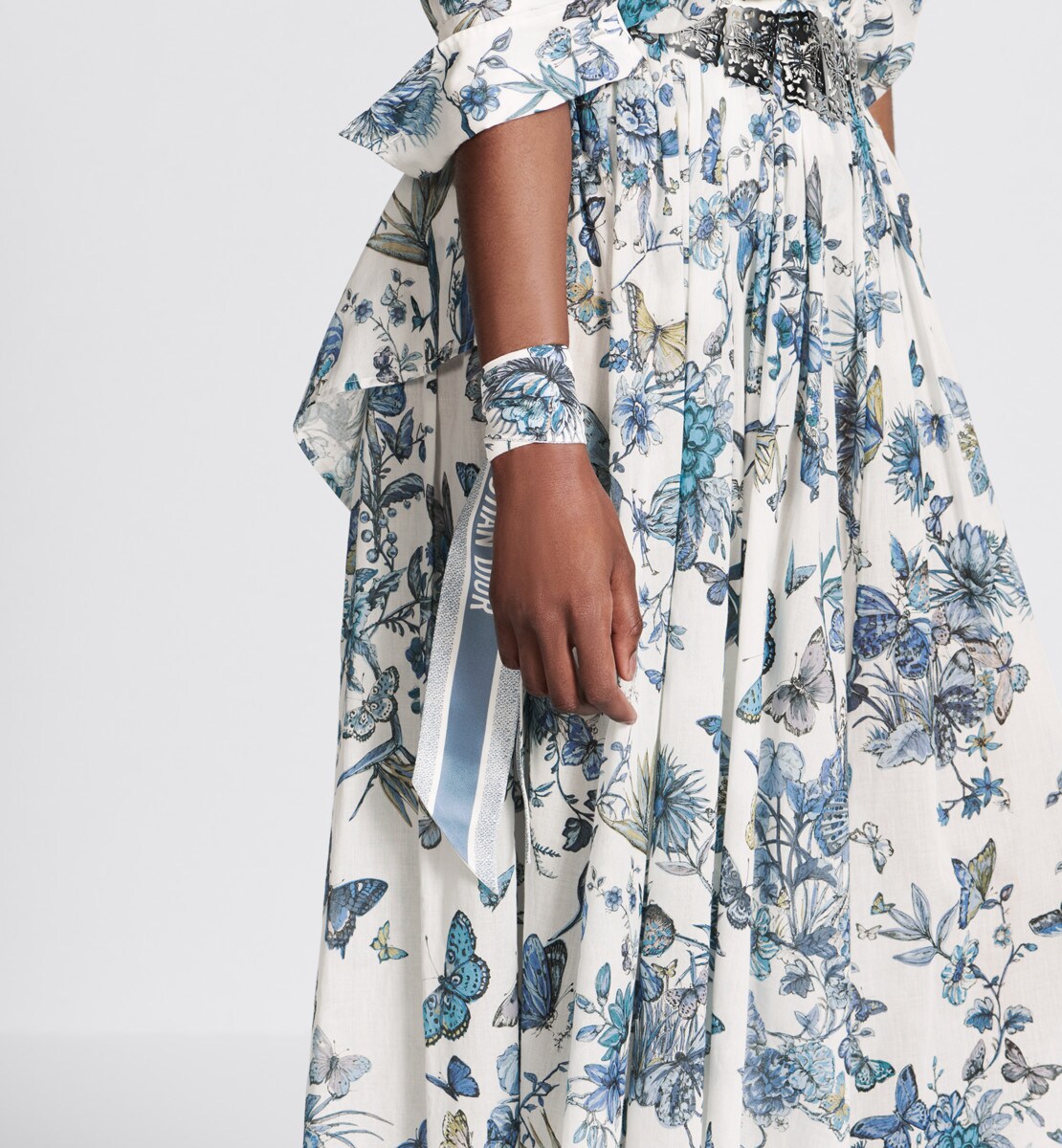 Jupe mi-longue évasée Voile de coton à motif Toile de Jouy Mexico blanc et bleu nuit pastel