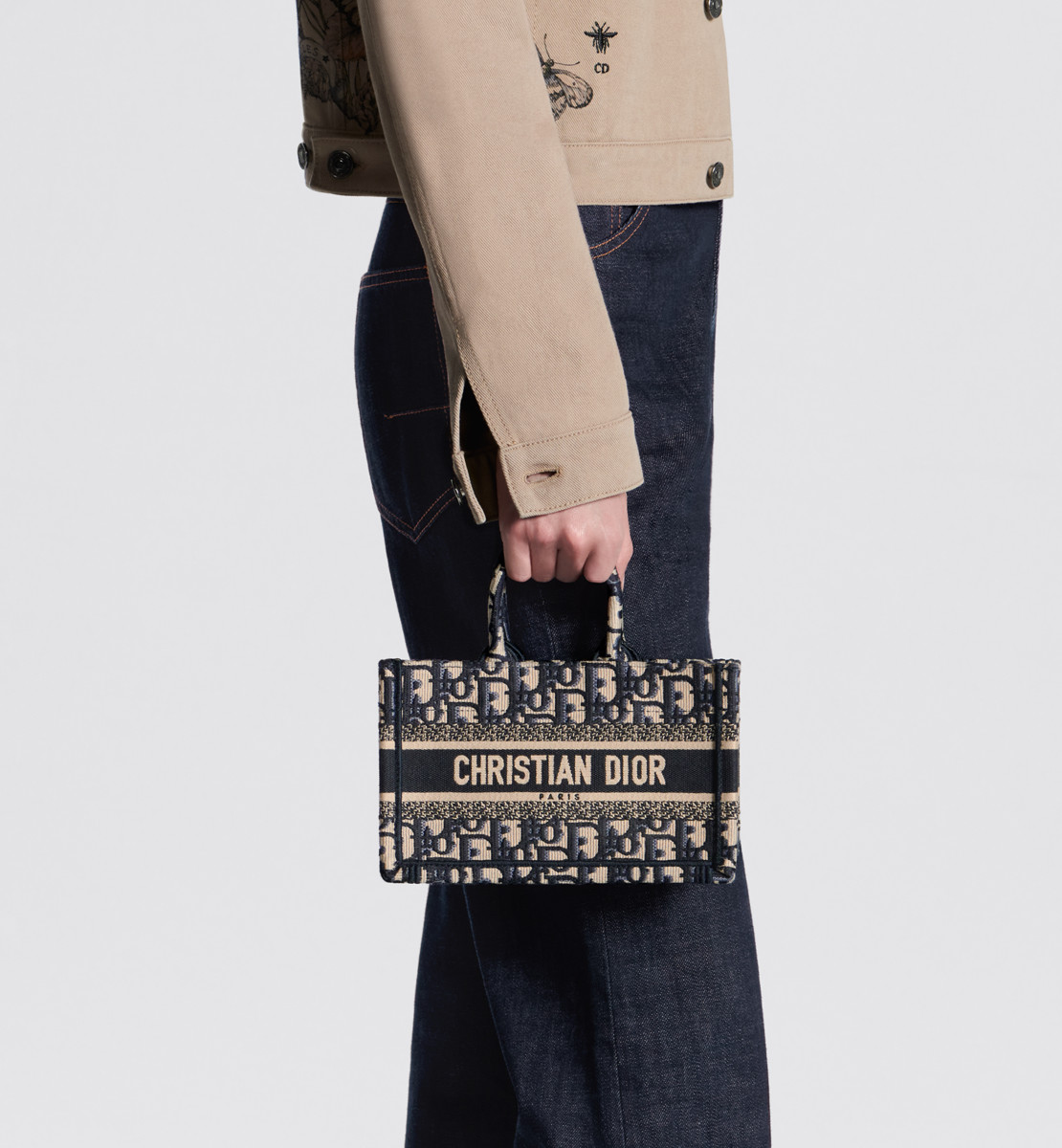 Mini cabas Dior Book Tote à bandoulière Broderie Dior Oblique bleu et beige