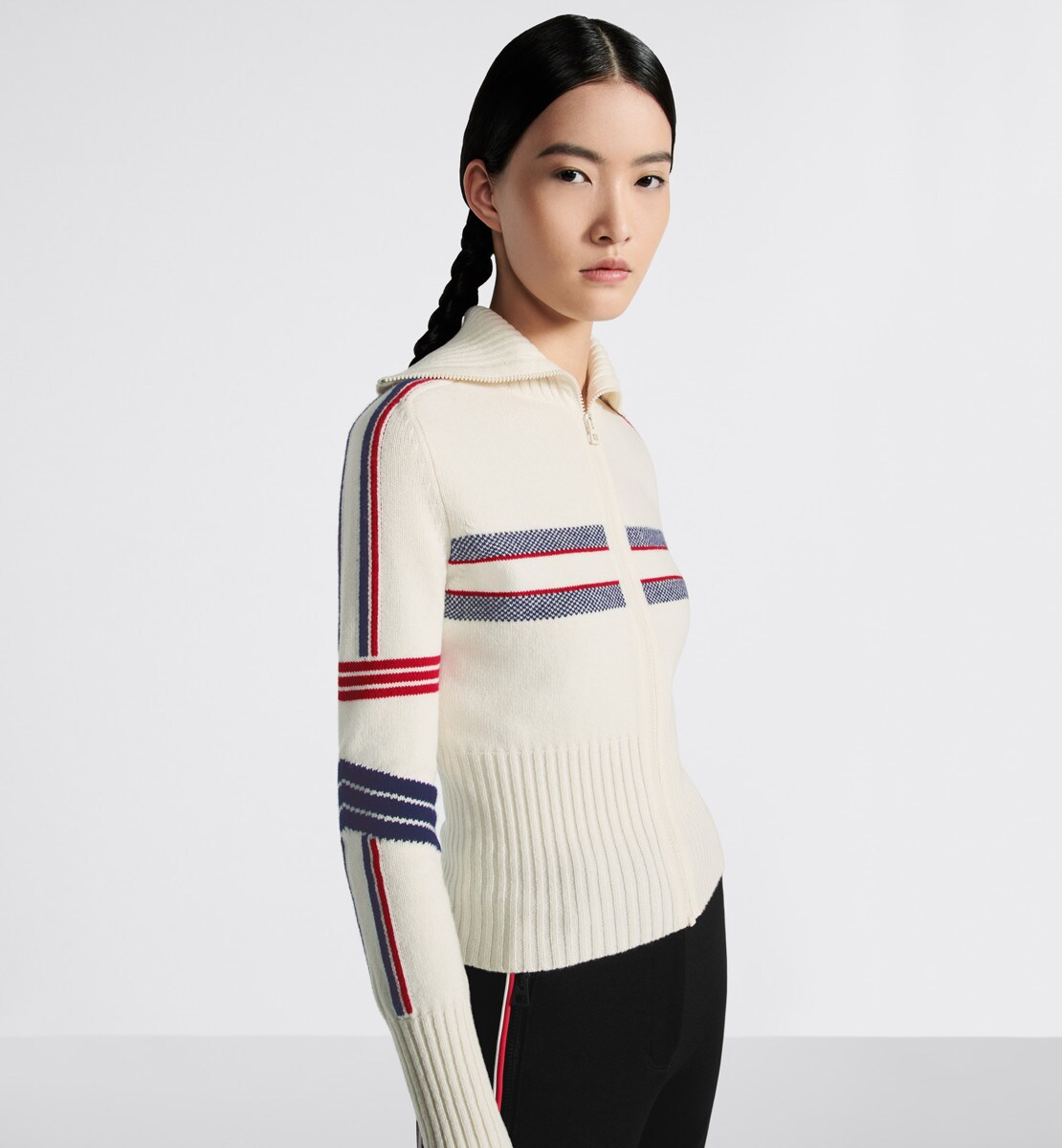 Cardigan zippé DiorAlps Maille de laine et cachemire blancs à motif papillon tricolore