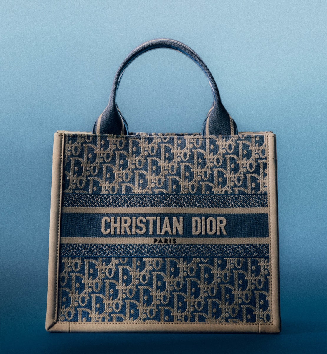 Sac Dior Book Tote Small Broderie Dior Oblique Chambray bleu et cuir de veau couleur latte