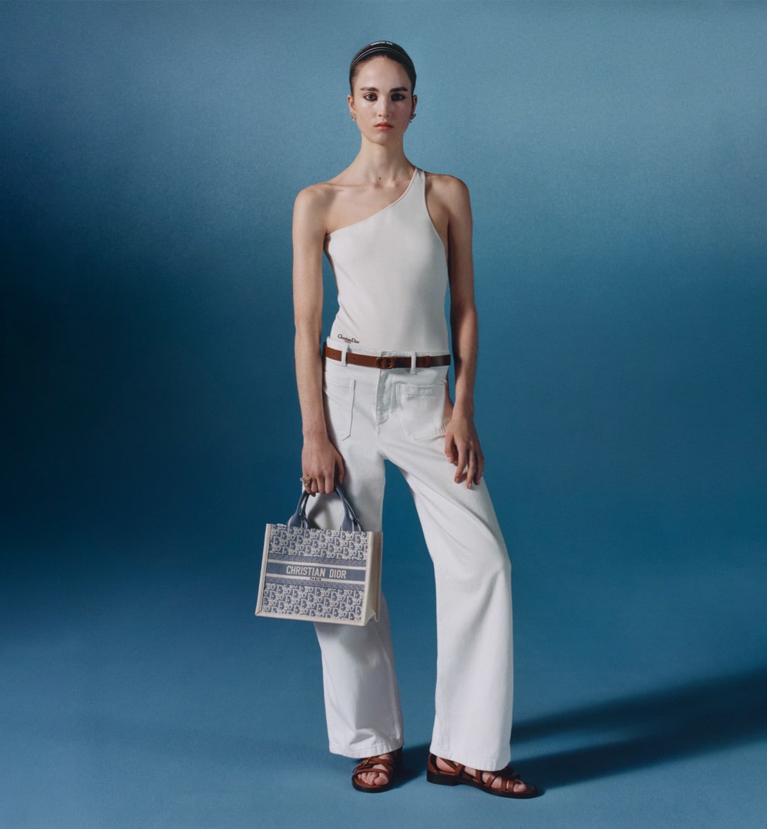 Sac Dior Book Tote Small Broderie Dior Oblique Chambray bleu et cuir de veau couleur latte