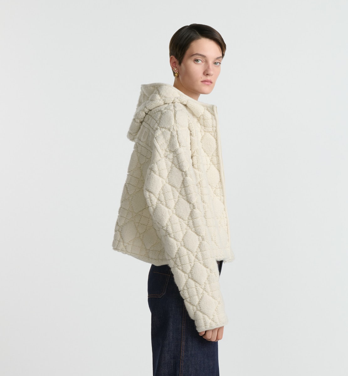 Cardigan zippé à capuche Cannage Maille texturée de laine et cachemire mélangés écrus