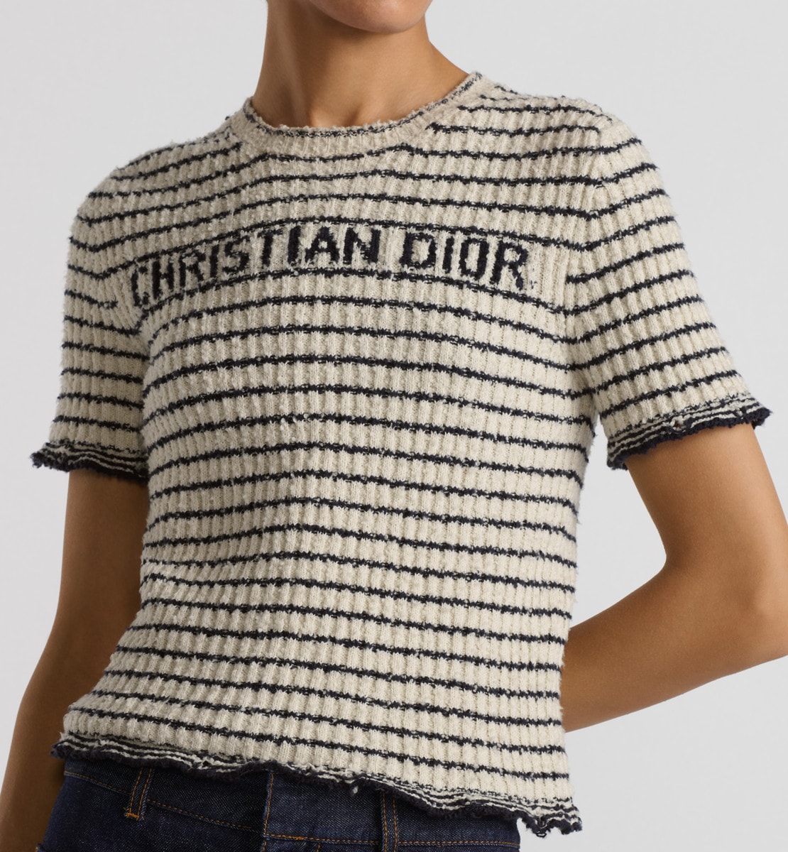 Haut à manches courtes Dior Marinière Maille côtelée de coton bleu marine et blanc