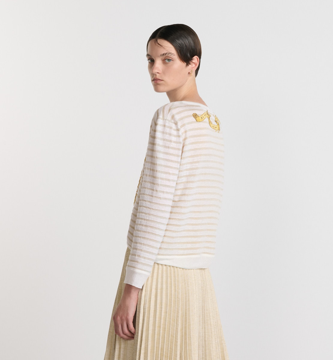 Pull Dior Marinière Maille de lin, cachemire et soie mélangés dorés et blancs à motif Dior Around The World doré