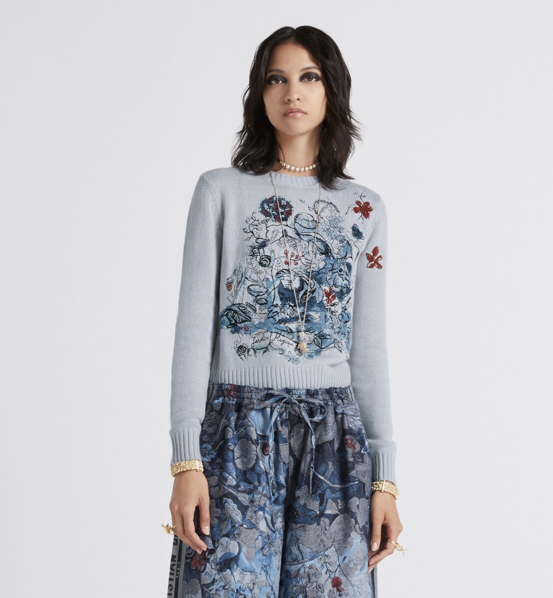 Pull Maille de cachemire à motif Dior Jardin Magique bleu