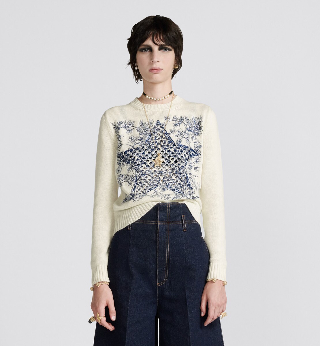 Pull Maille de cachemire écru à motif Dior Sevilla Star bleu