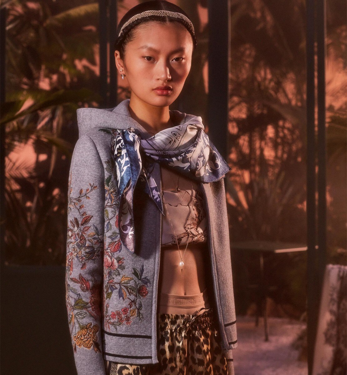 Cardigan Maille de cachemire et laine vierge grise à motif Dior Jardin d'Hiver multicolore