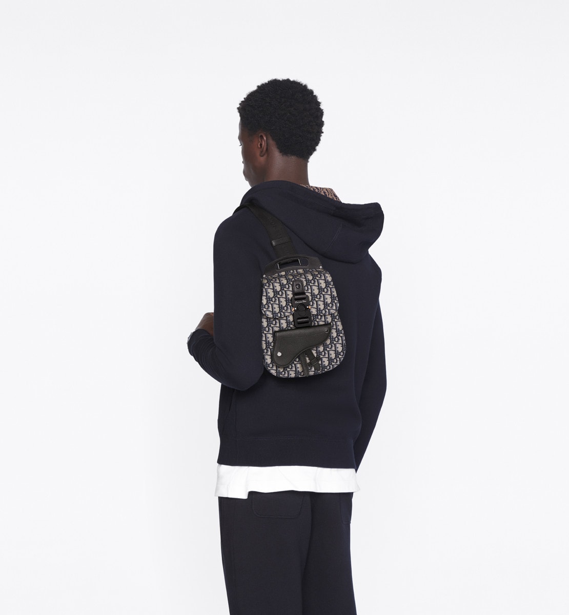 Sac à dos croisé Gallop Toile jacquard Dior Oblique beige et noir et cuir de veau grainé noir