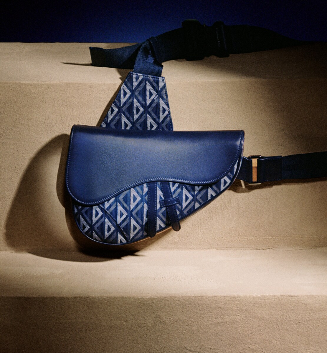 Sac Saddle Toile CD Diamond et cuir de veau lisse bleu marine