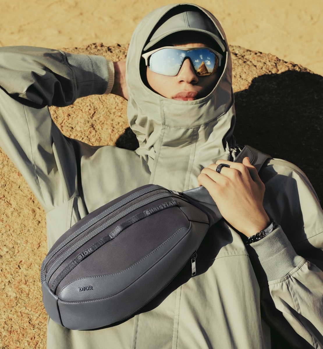 Sac Dior Scarab Cuir de veau lisse et nylon gris foncé