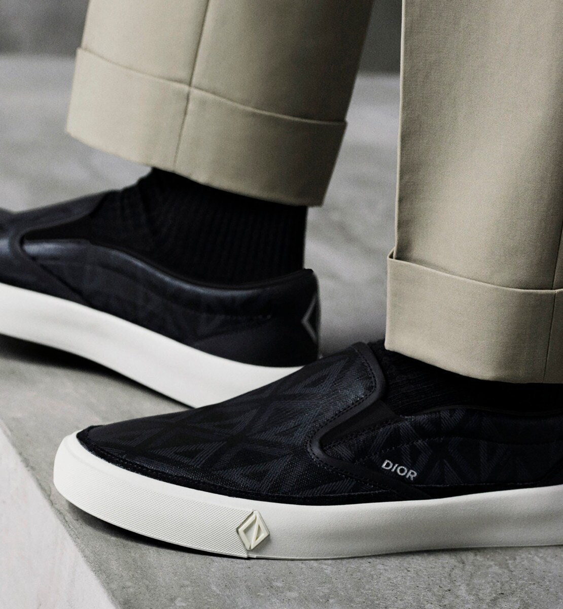 Sneaker slip-on B101 Toile CD Diamond et cuir de veau lisse noirs