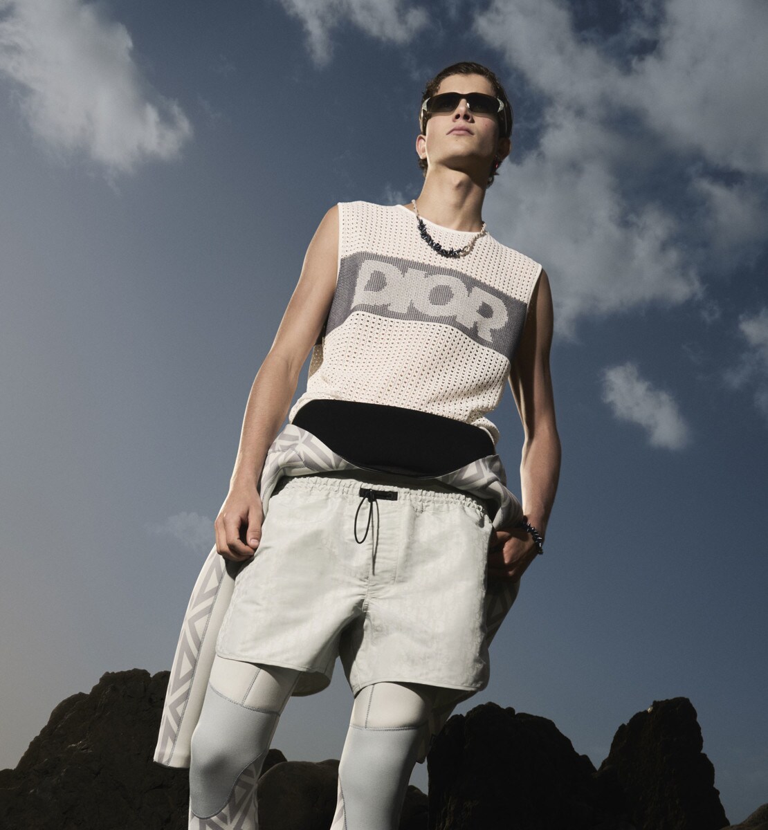 T-shirt sans manches Maille résille Cannage de coton mélangé blanc