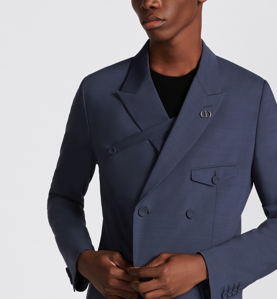 Veste croisée à patte de boutonnage Toile de laine extrafine texturée bleu gris