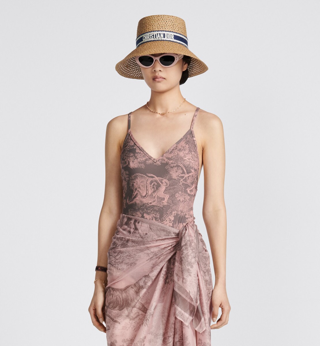 Maillot de bain une pièce Dioriviera Tissu technique à motif Toile de Jouy Reverse gris et rose