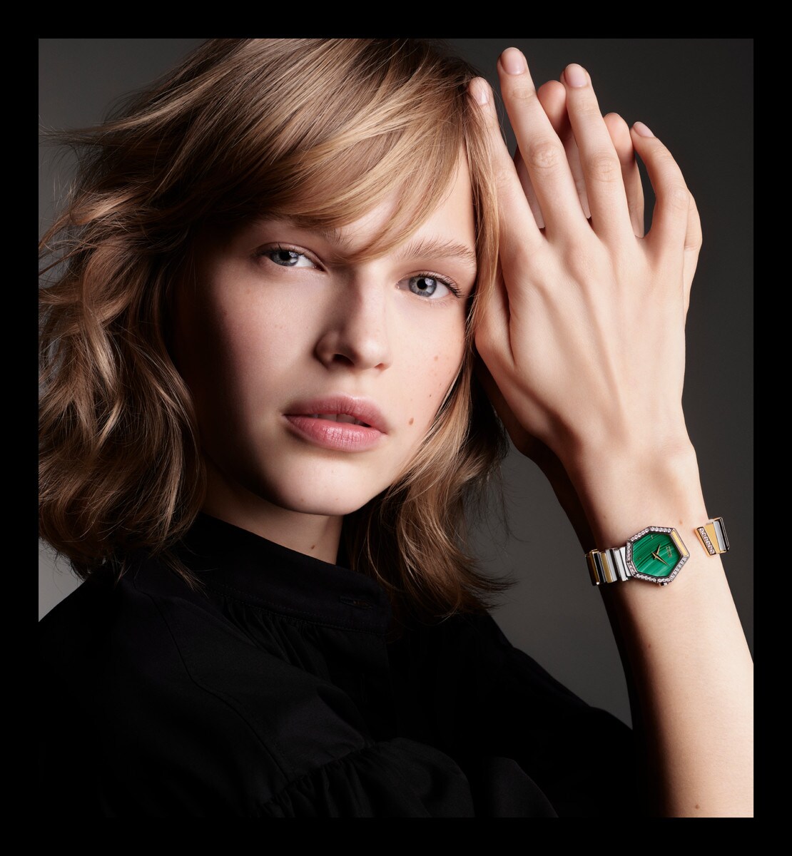 GEM DIOR Ø 27 mm, acier, or jaune, malachite et diamants