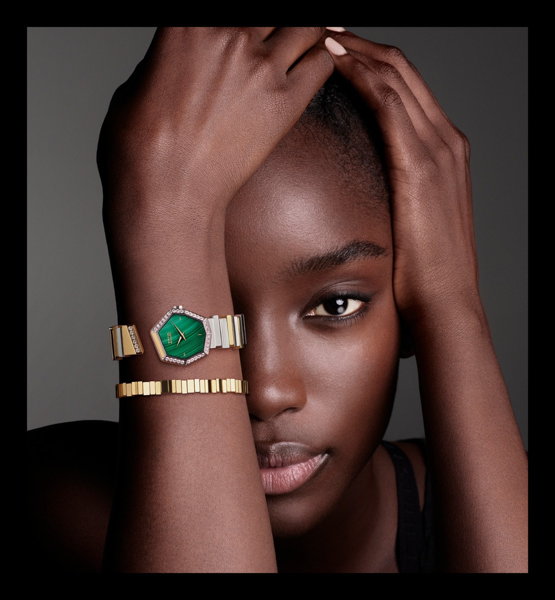 GEM DIOR Ø 27 mm, acier, or jaune, malachite et diamants