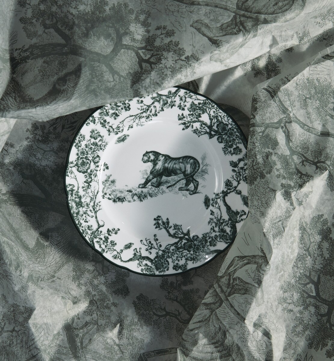 Assiette à dessert Toile de Jouy Tigre, vert tilleul