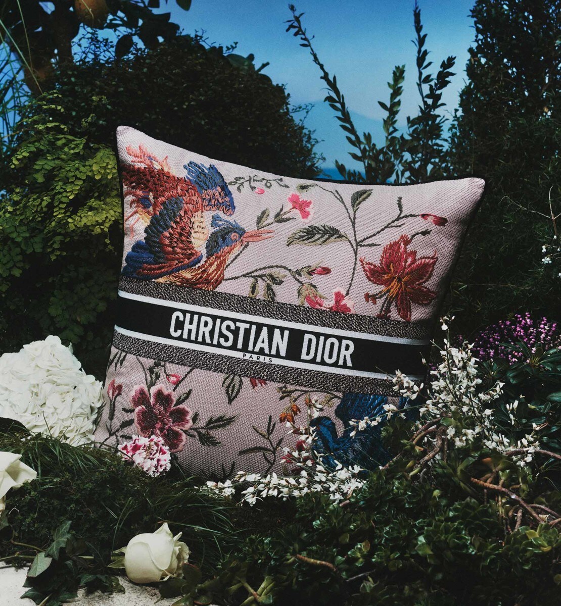 Grand coussin carré Dior Birds, beige multicolore
