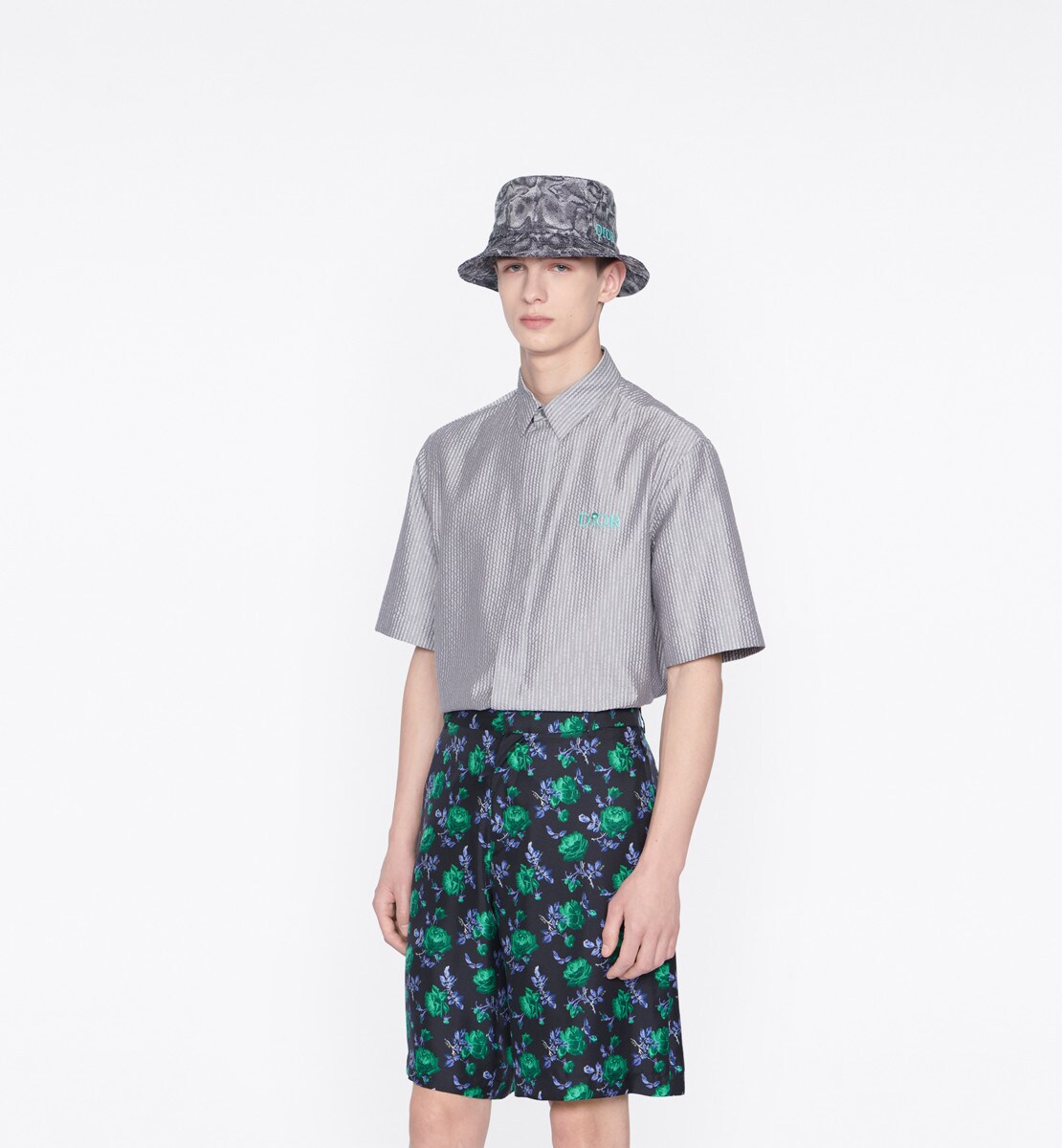 Chemise à manches courtes Dior Jardin Jacquard seersucker Dior Oblique de soie grise et blanche