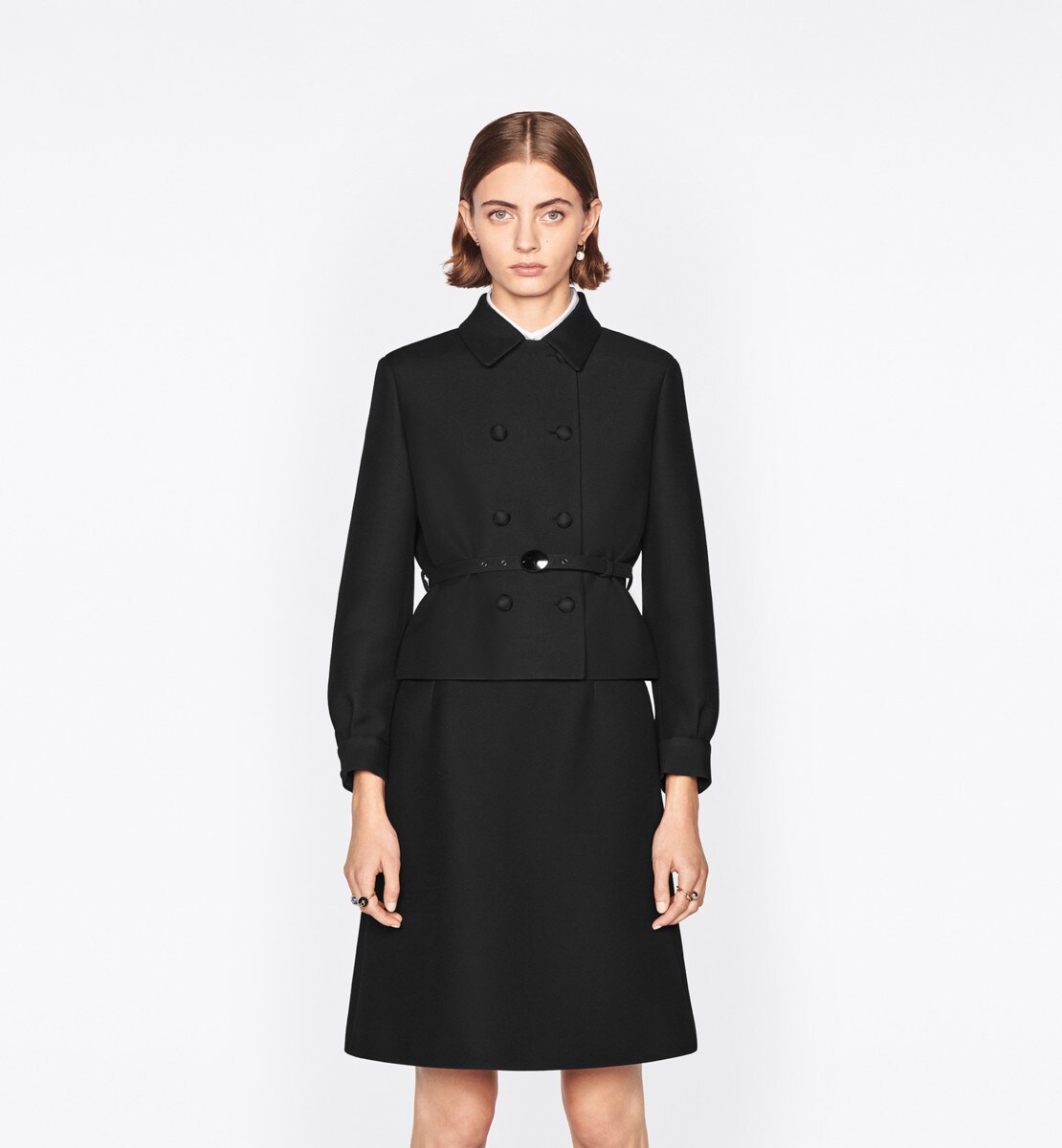 Veste ajustée à ceinture V09 Laine et soie noires double boutonnage
