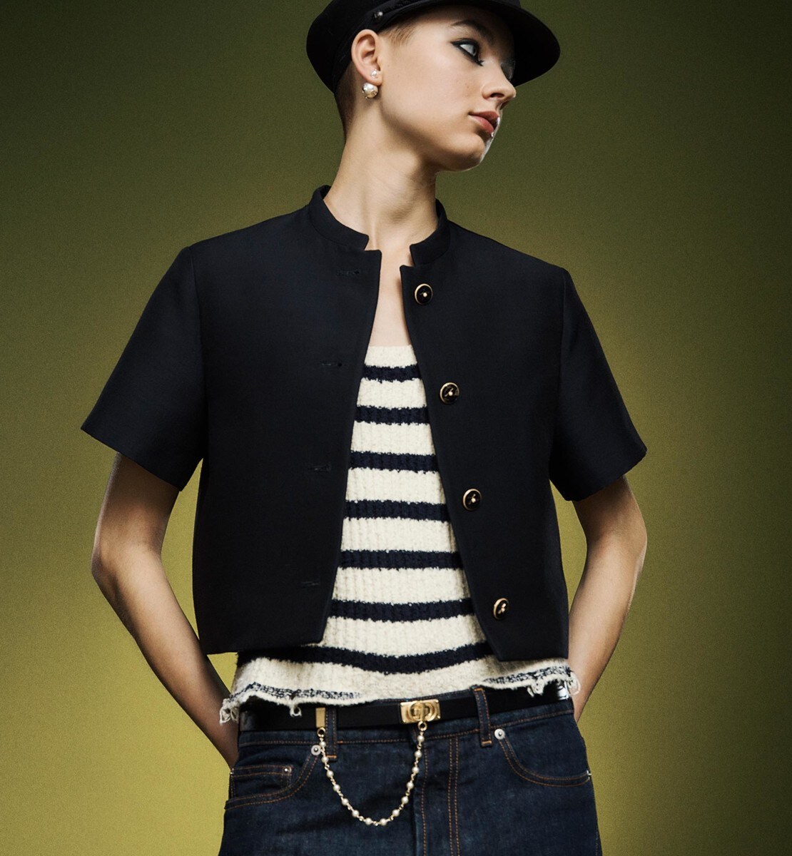 Veste à manches courtes Sergé de soie et laine contrecollée bleu marine