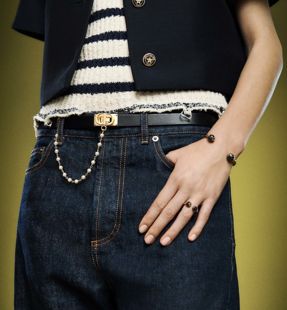 Ceinture Dior Caro Cuir de veau lisse noir et perles en verre blanc, 20 mm